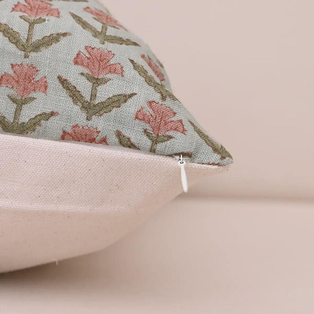 Rose pink buti linen pillow cover corner and zipper detail