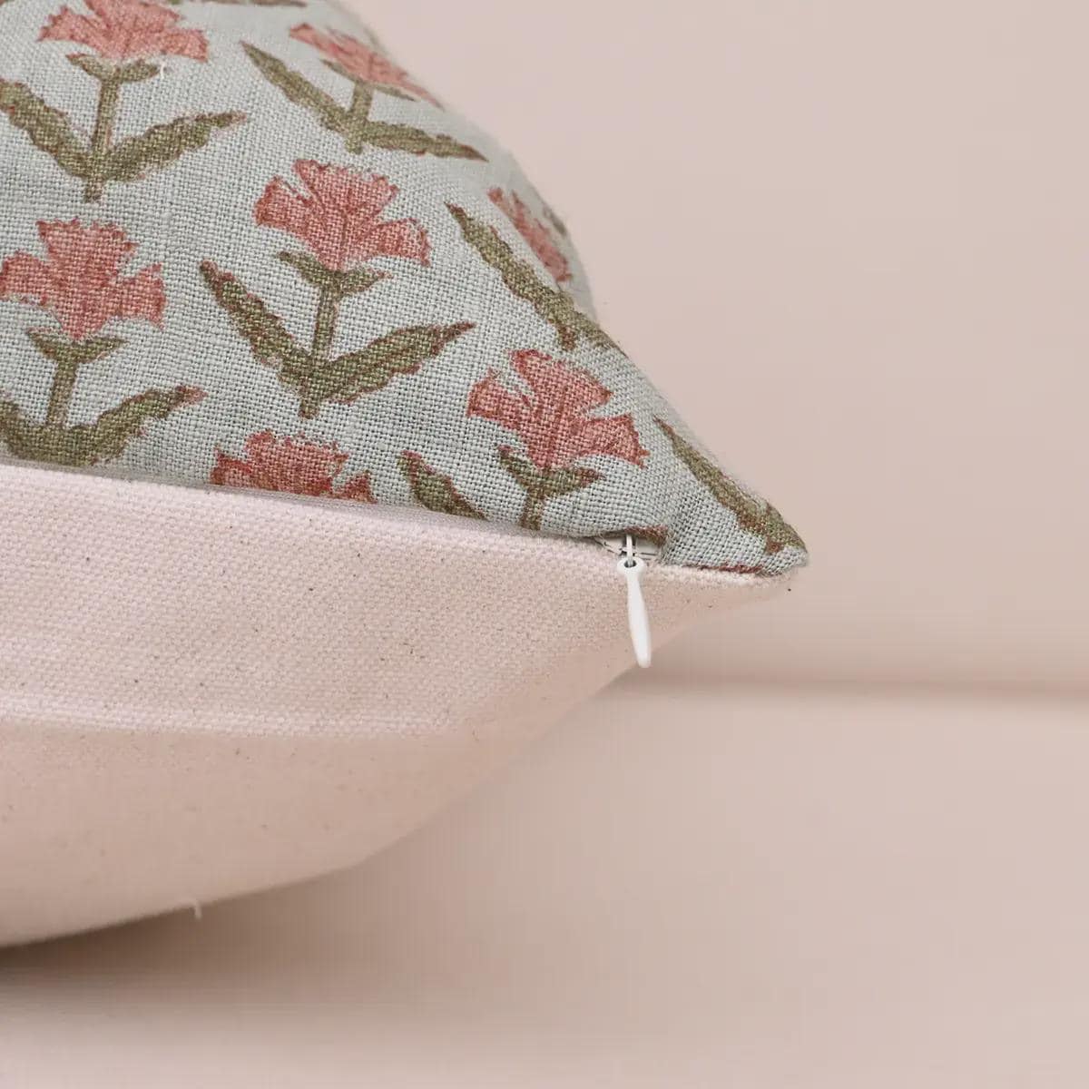 Rose pink buti linen pillow cover corner and zipper detail