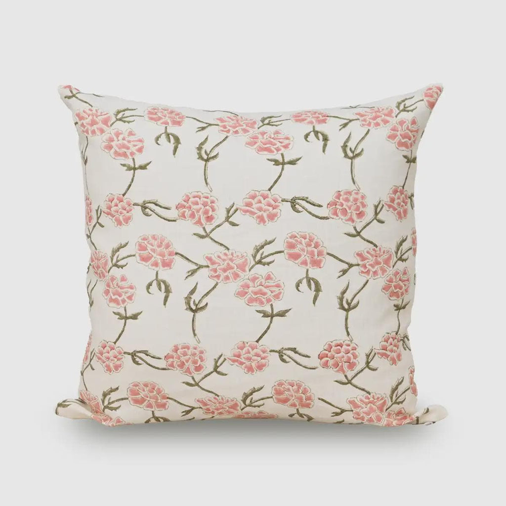 Blush pink floral hand block print linen cushion cover, front view