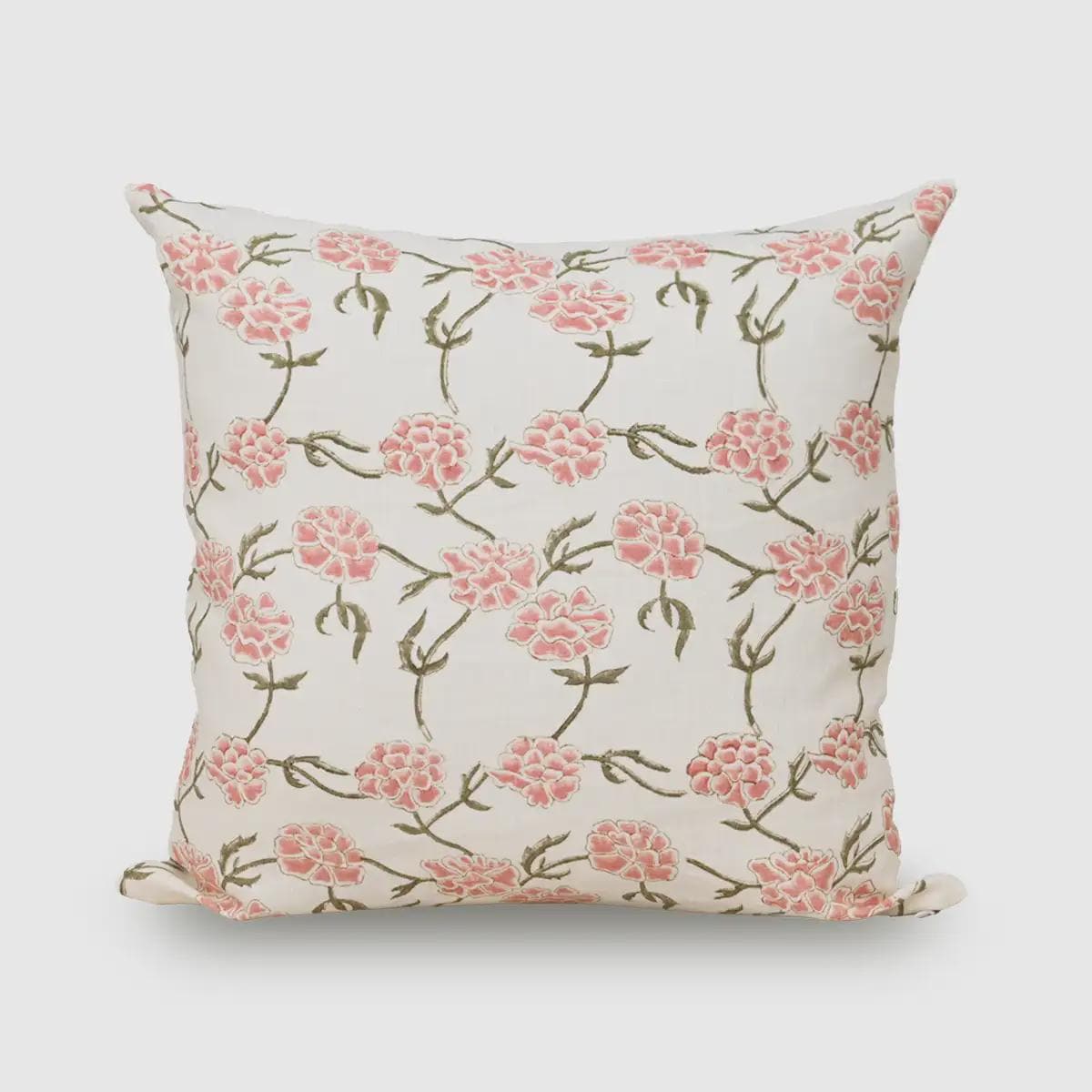 Blush pink floral hand block print linen cushion cover, front view