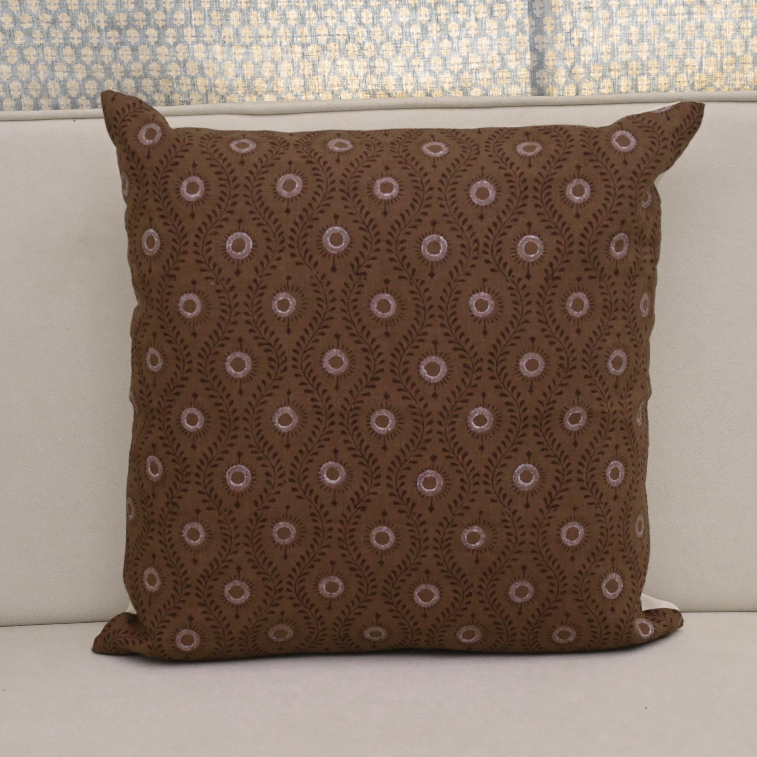 Brown vine and floral medallion block print linen pillow cover