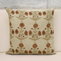 Rust terracotta dahlia hand block print linen pillow cover on natural background
