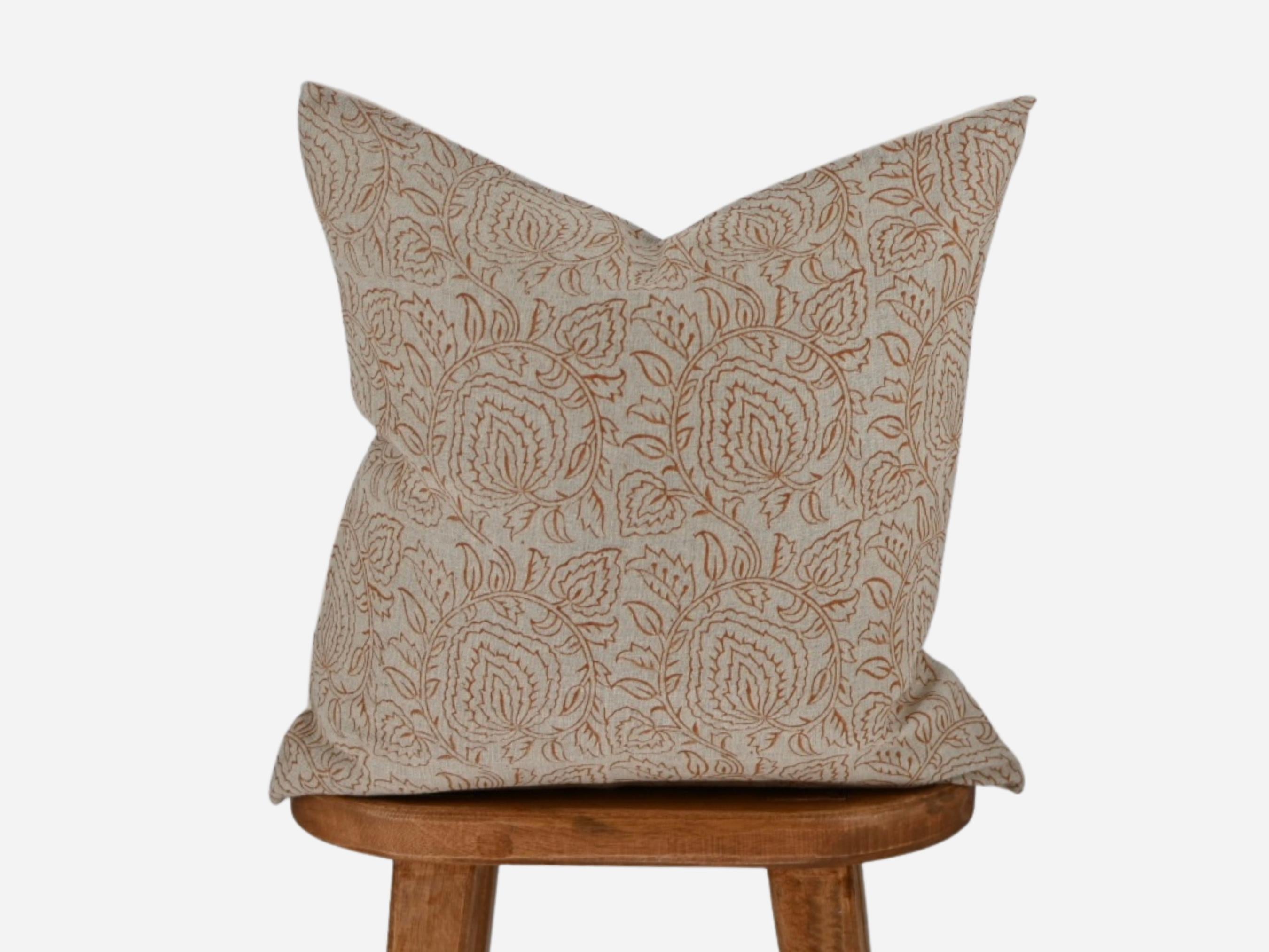 Rust paisley vine hand block print linen pillow cover, front view