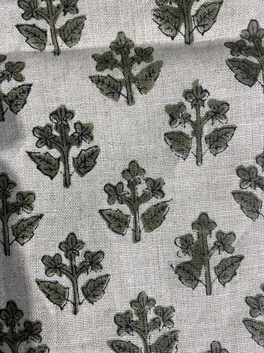 Olive green sprig linen pillow cover, corner and zipper detail