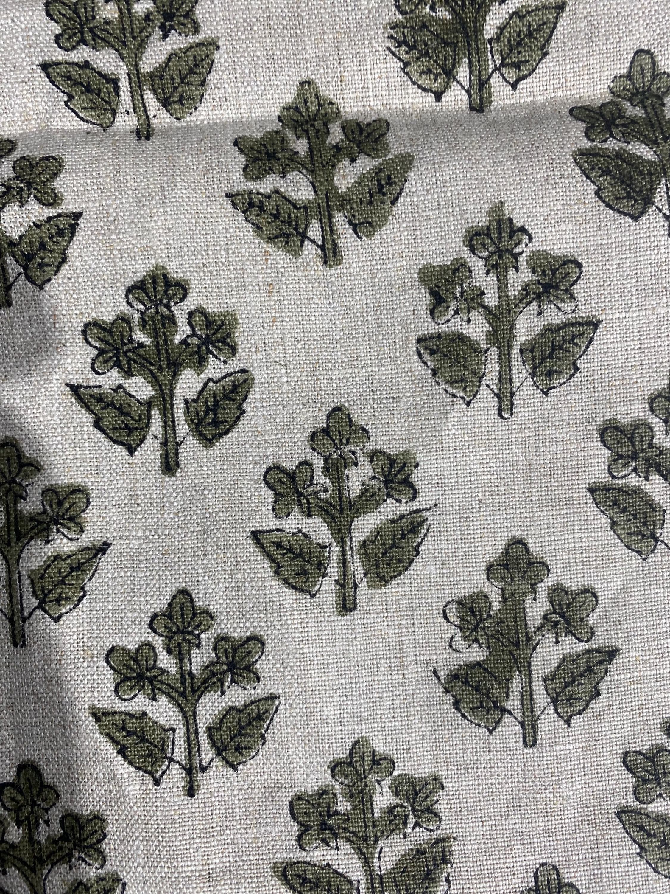 Olive green sprig linen pillow cover, corner and zipper detail