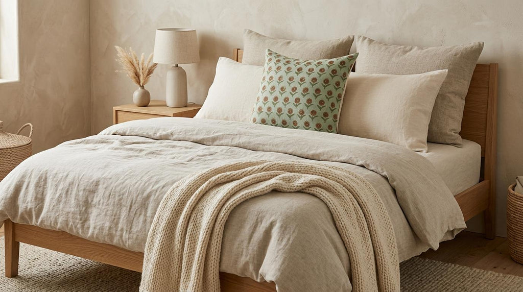 Sage green marigold hand block print pillow cover, angled view