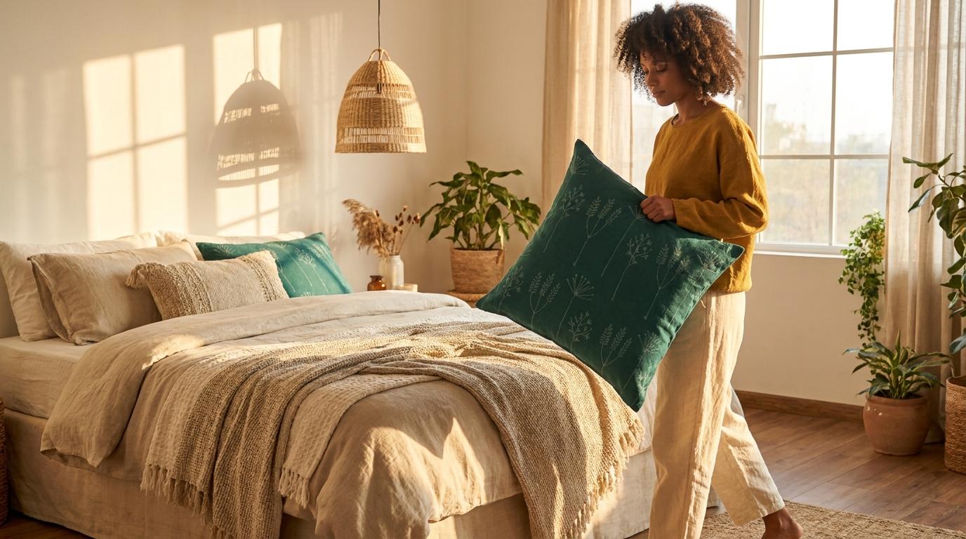 Corner detail of teal wild meadow linen pillow cover