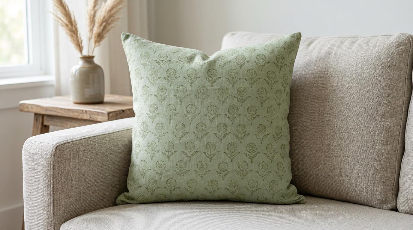 Sage green block print linen pillow cover fabric texture close-up