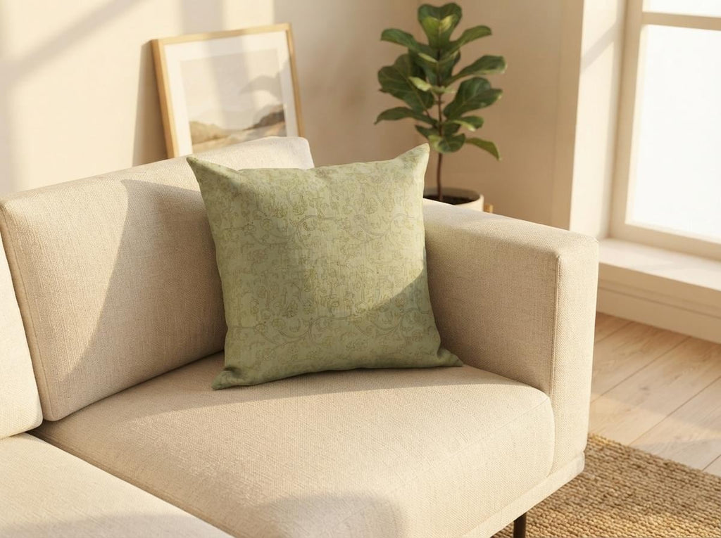 Sage green block print linen pillow cover fabric texture close-up