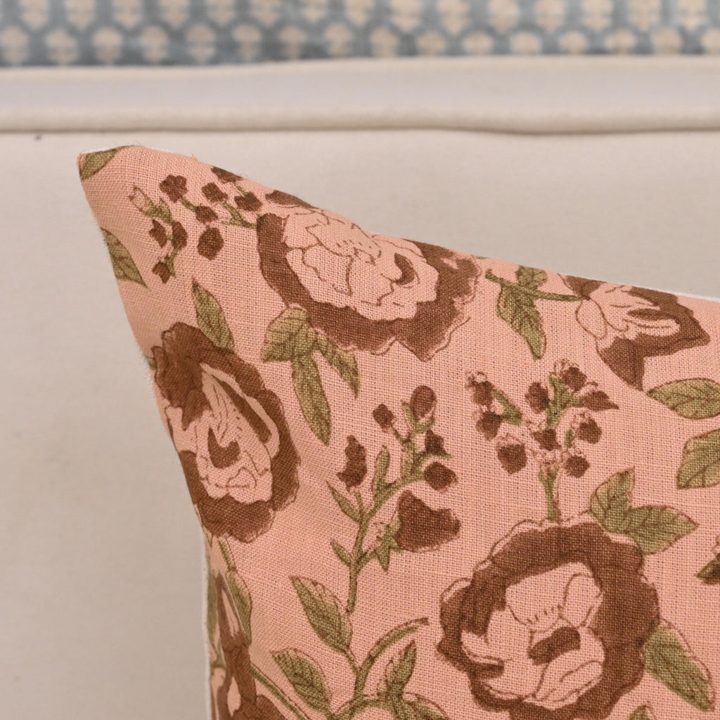 Pink rose floral hand block print linen pillow cover, front view