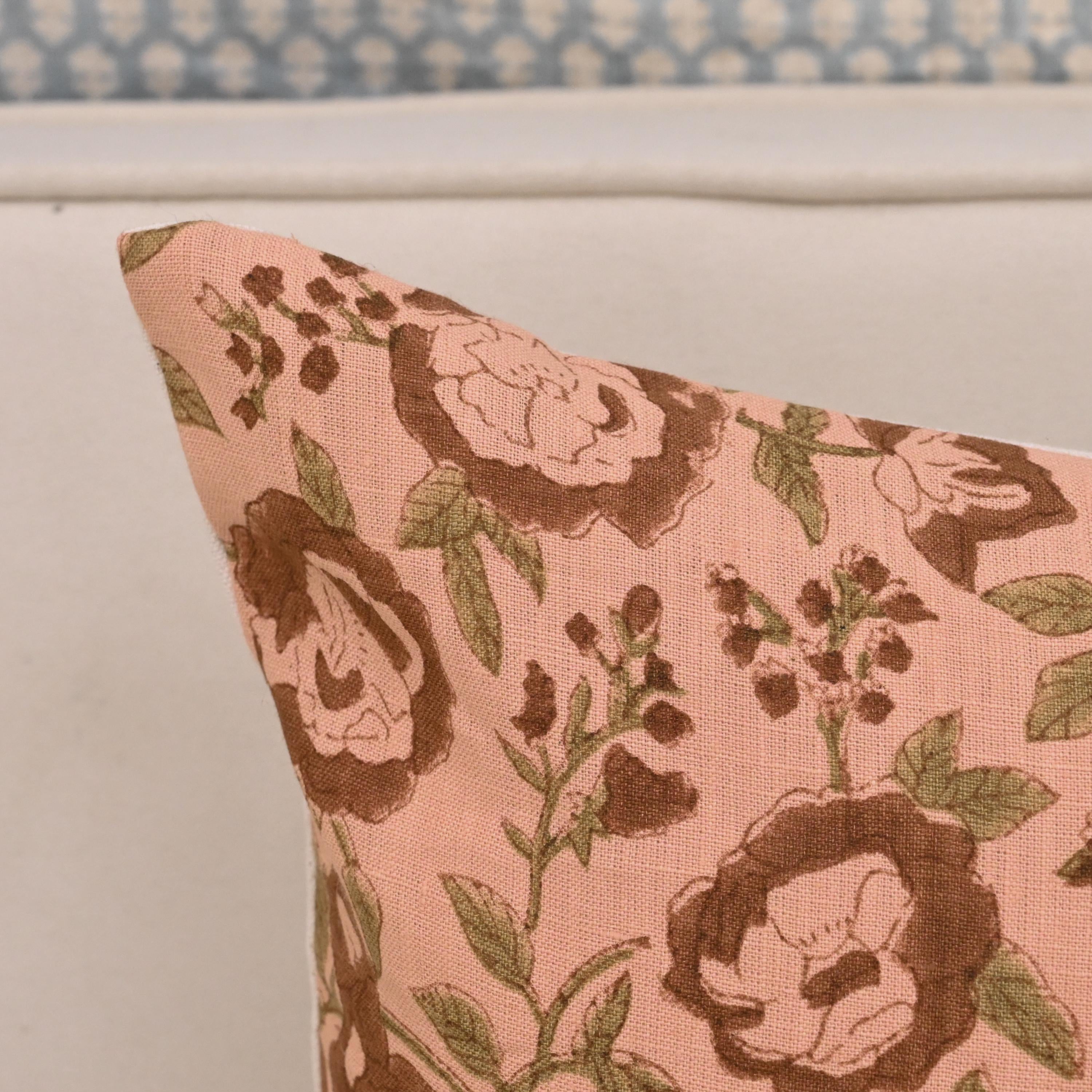 Pink rose floral hand block print linen pillow cover, front view