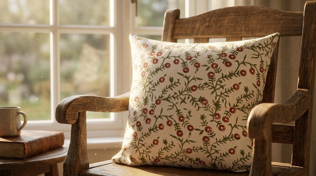 Terracotta floral linen cushion cover styled in a living room