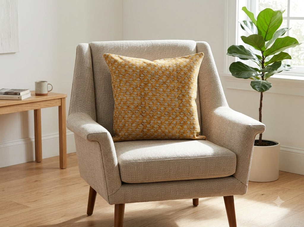 Makayla Yellow Linen Block Print Pillow Cover