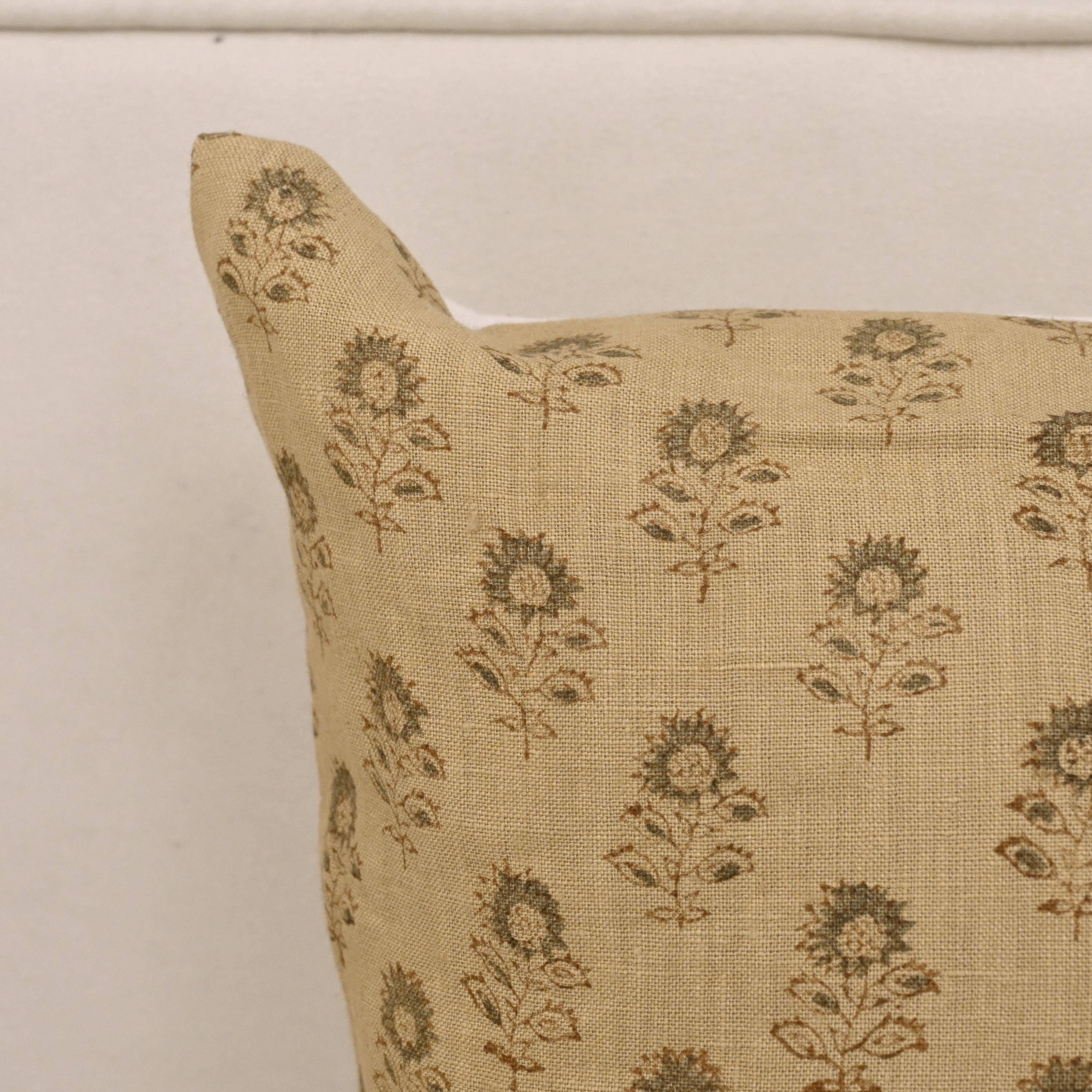 Designer sunflower buti linen pillow cover styled on a sofa