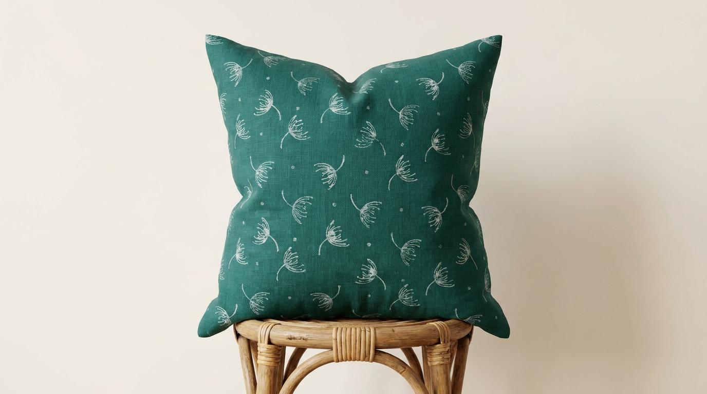 Teal wild meadow sprigs pillow cover styled in a living room