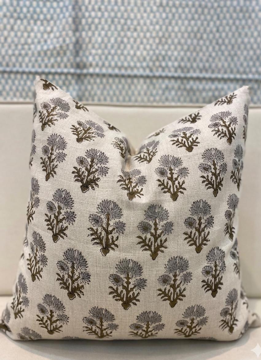 Close-up of the Mughal floral buta block print detail in charcoal grey