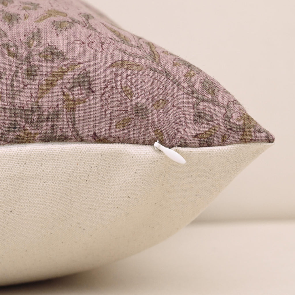 Corner and hidden zipper detail on Vine floral linen pillow cover