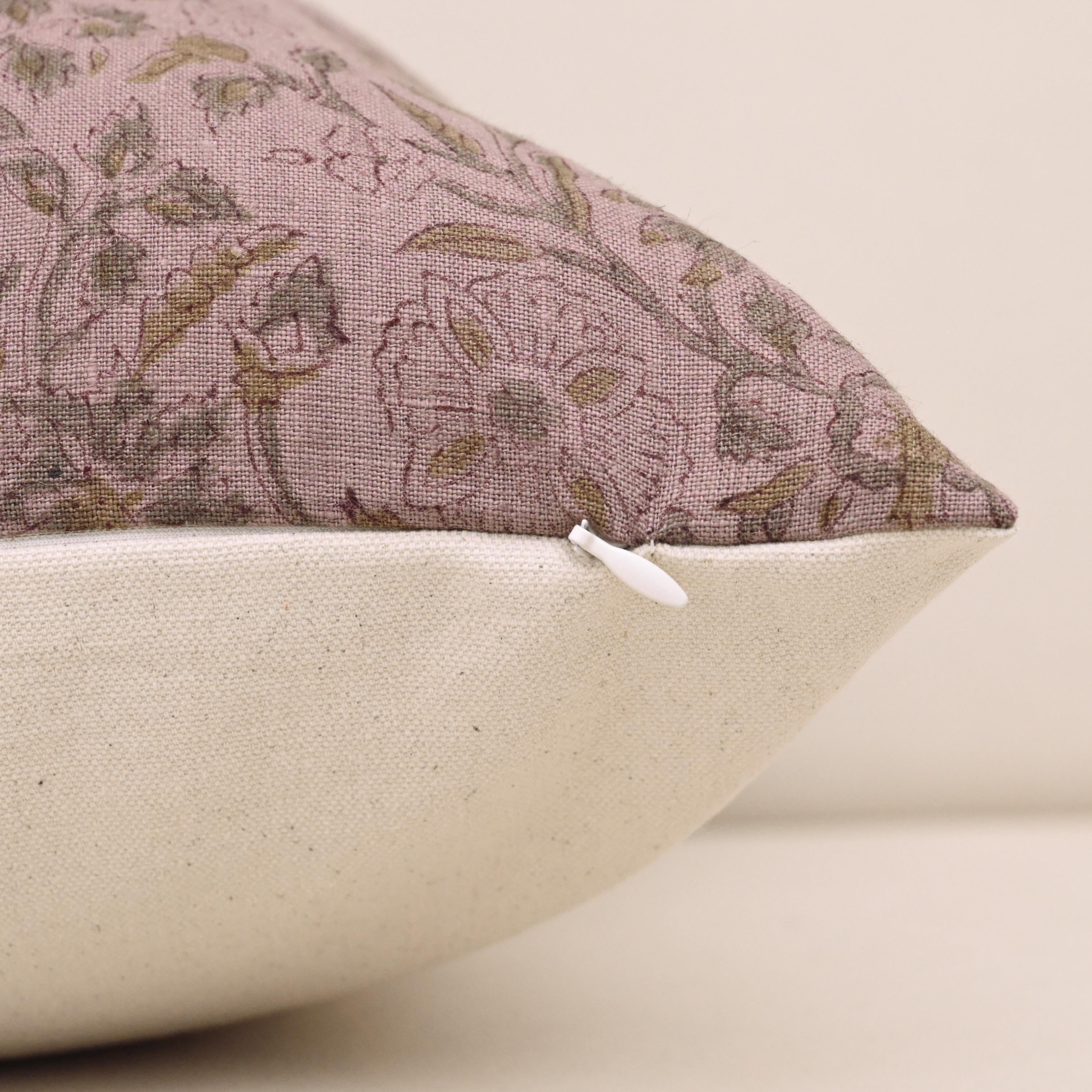 Corner and hidden zipper detail on Vine floral linen pillow cover