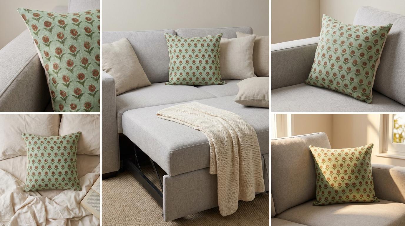 Sage green marigold linen pillow cover styled in a living room
