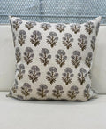 Natural oatmeal linen pillow cover with hand block printed Mughal floral buta in charcoal grey and olive green, front view