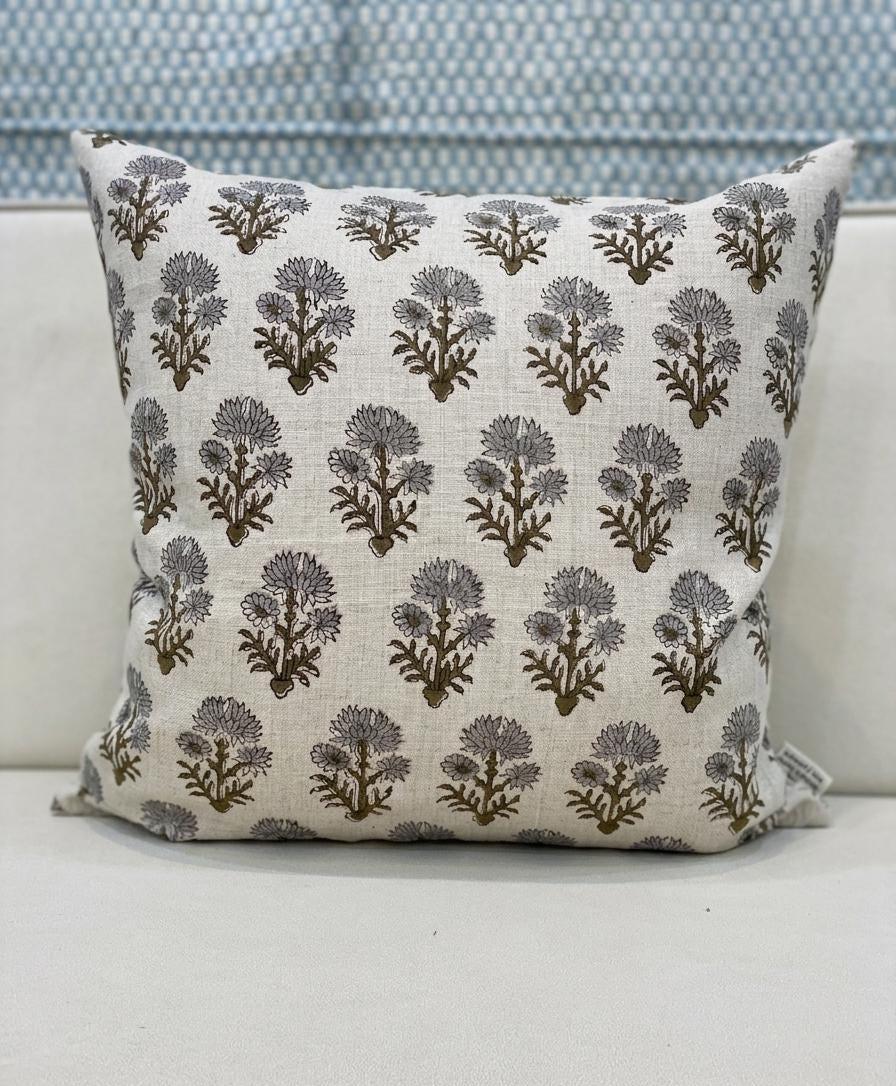 Natural oatmeal linen pillow cover with hand block printed Mughal floral buta in charcoal grey and olive green, front view