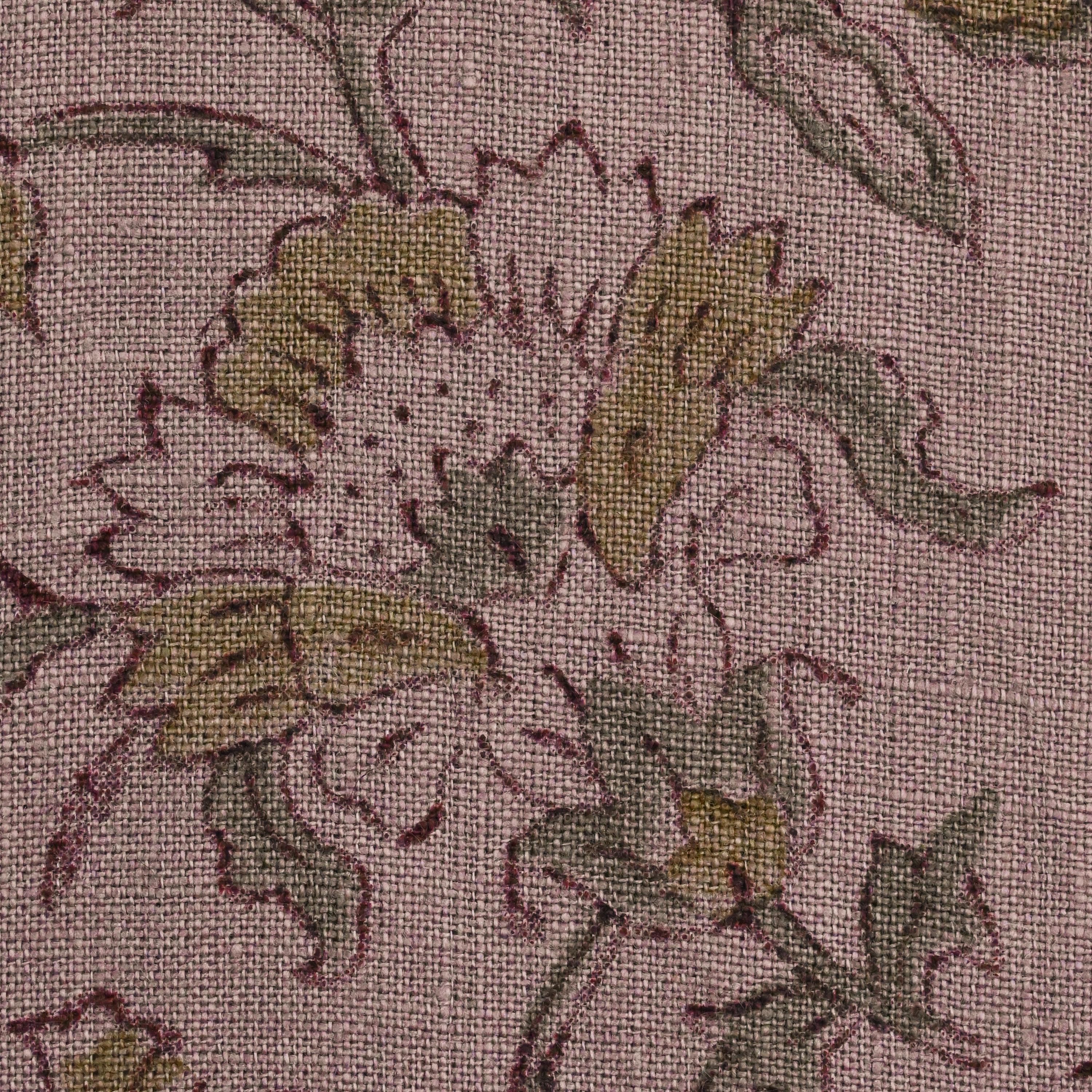 Hidden zipper and corner detail of mauve floral linen pillow cover