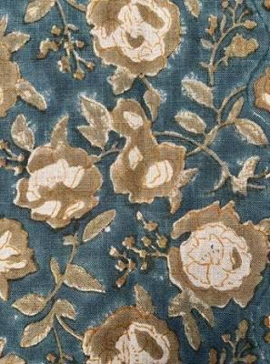 Slate blue rose floral linen pillow cover, corner and zipper detail