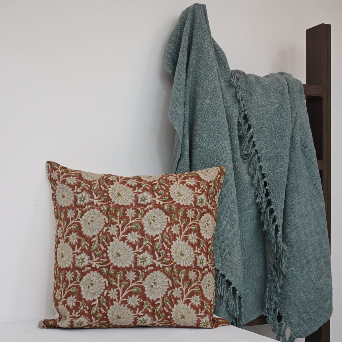 Alexis  Terracotta Linen Block Print Pillow Cover