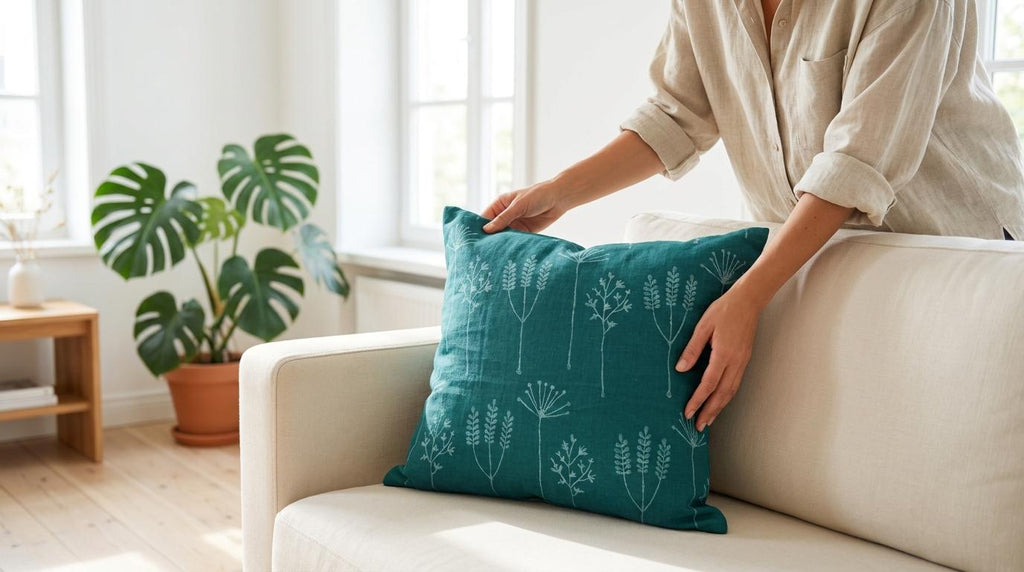 Teal wild meadow pillow cover styled in a living room