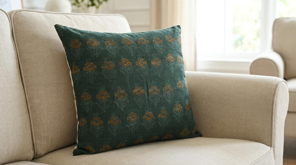 Hidden zipper closure on forest green floral buti cushion cover