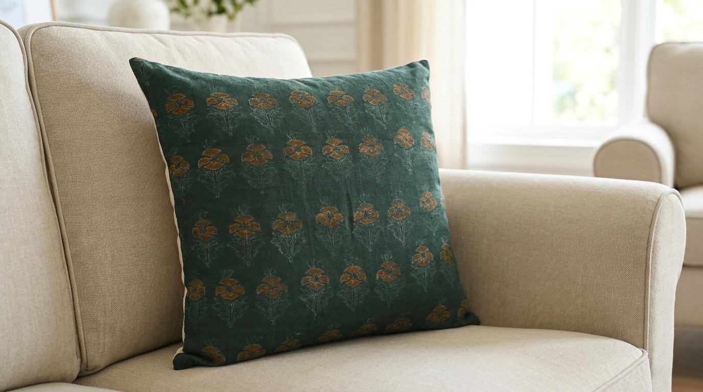 Hidden zipper closure on forest green floral buti cushion cover