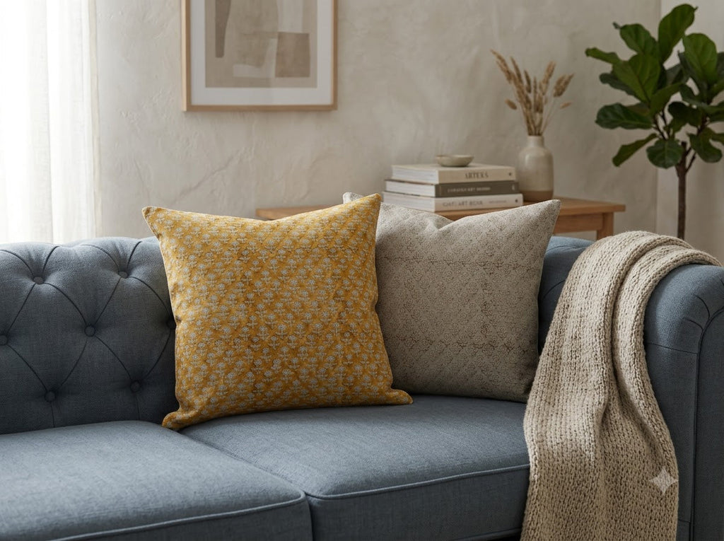 Makayla Yellow Linen Block Print Pillow Cover