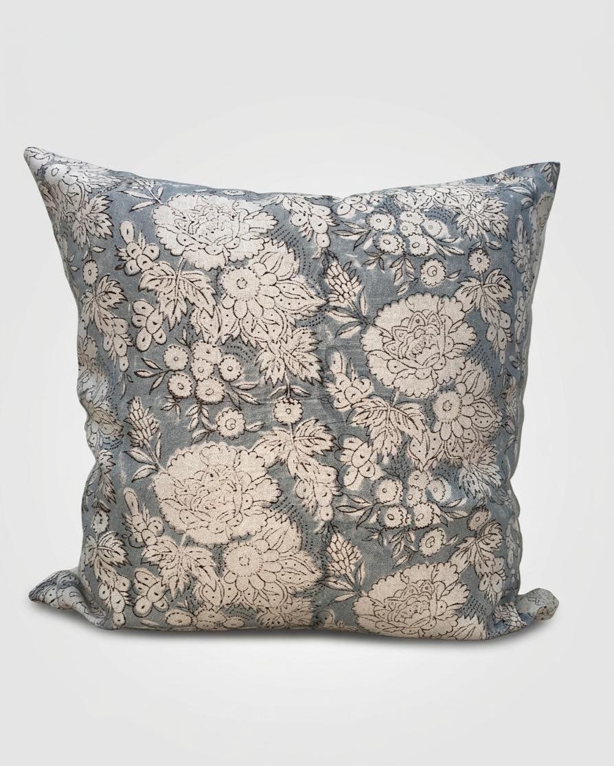 Blue-gray block print linen pillow cover, fabric texture close-up