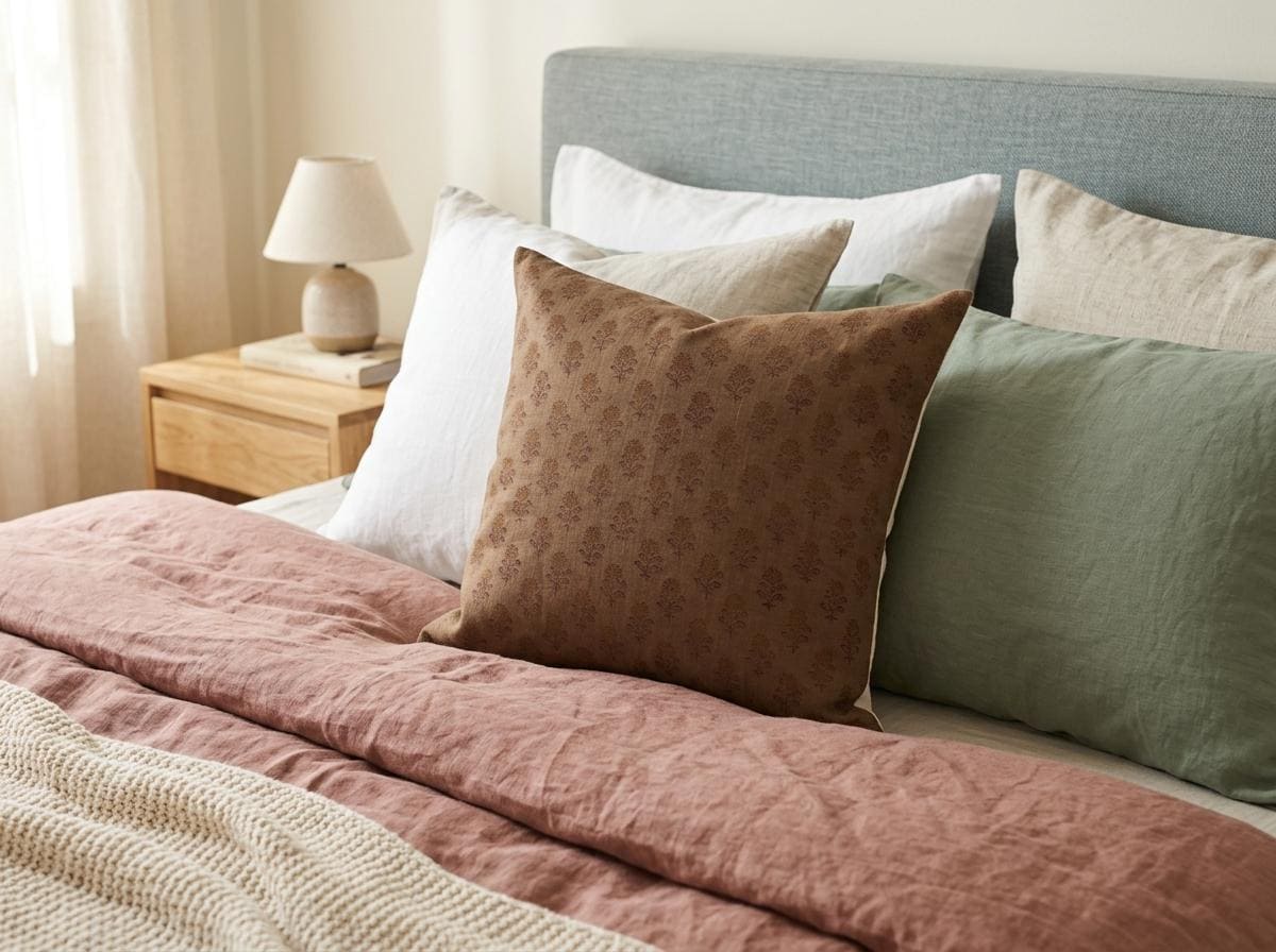 Brown floral buta block print linen pillow cover styled on a bed