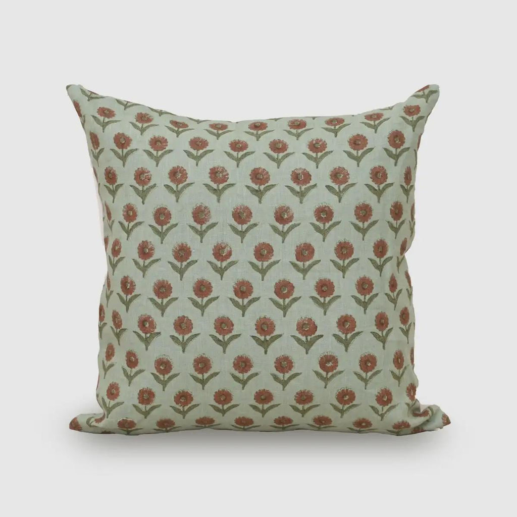 Sage green marigold hand block print linen pillow cover, front view