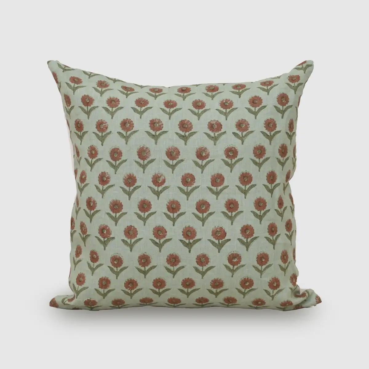 Sage green marigold hand block print linen pillow cover, front view