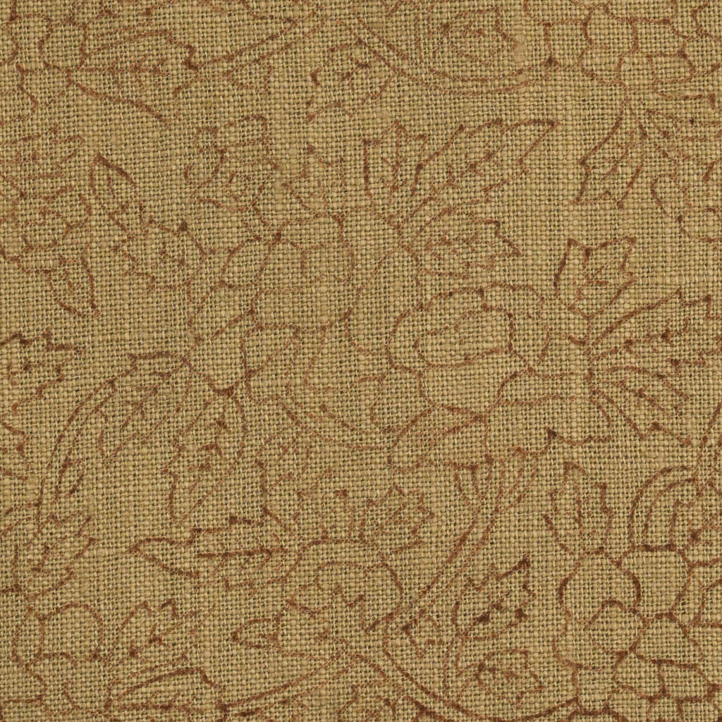 Close-up of the ditsy floral vine block print detail on camel linen