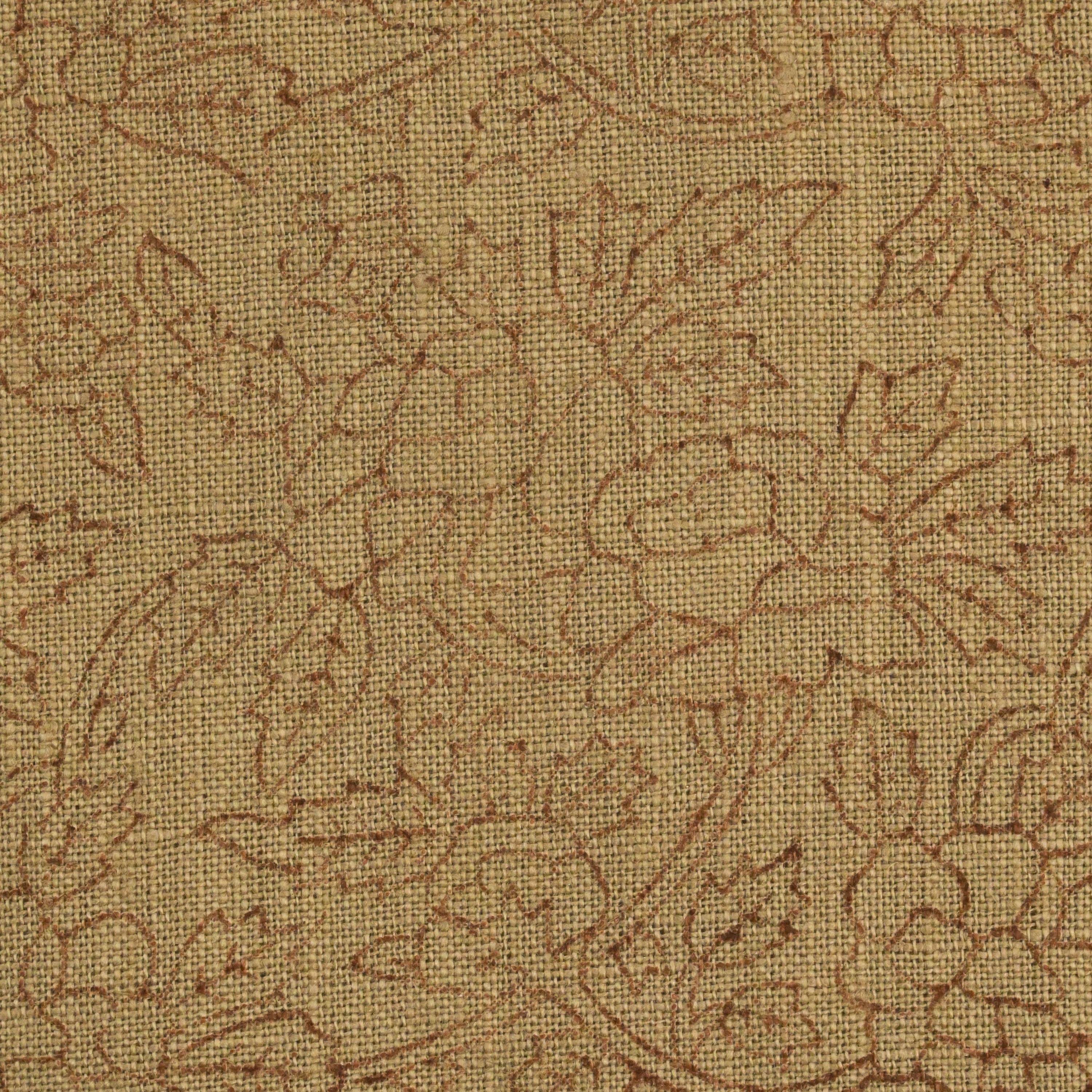 Close-up of the ditsy floral vine block print detail on camel linen
