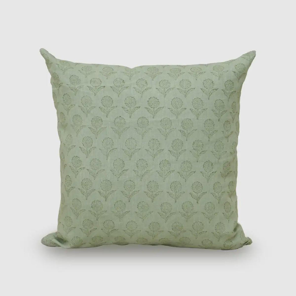Sage green tonal floral buti hand block print linen pillow cover, front view
