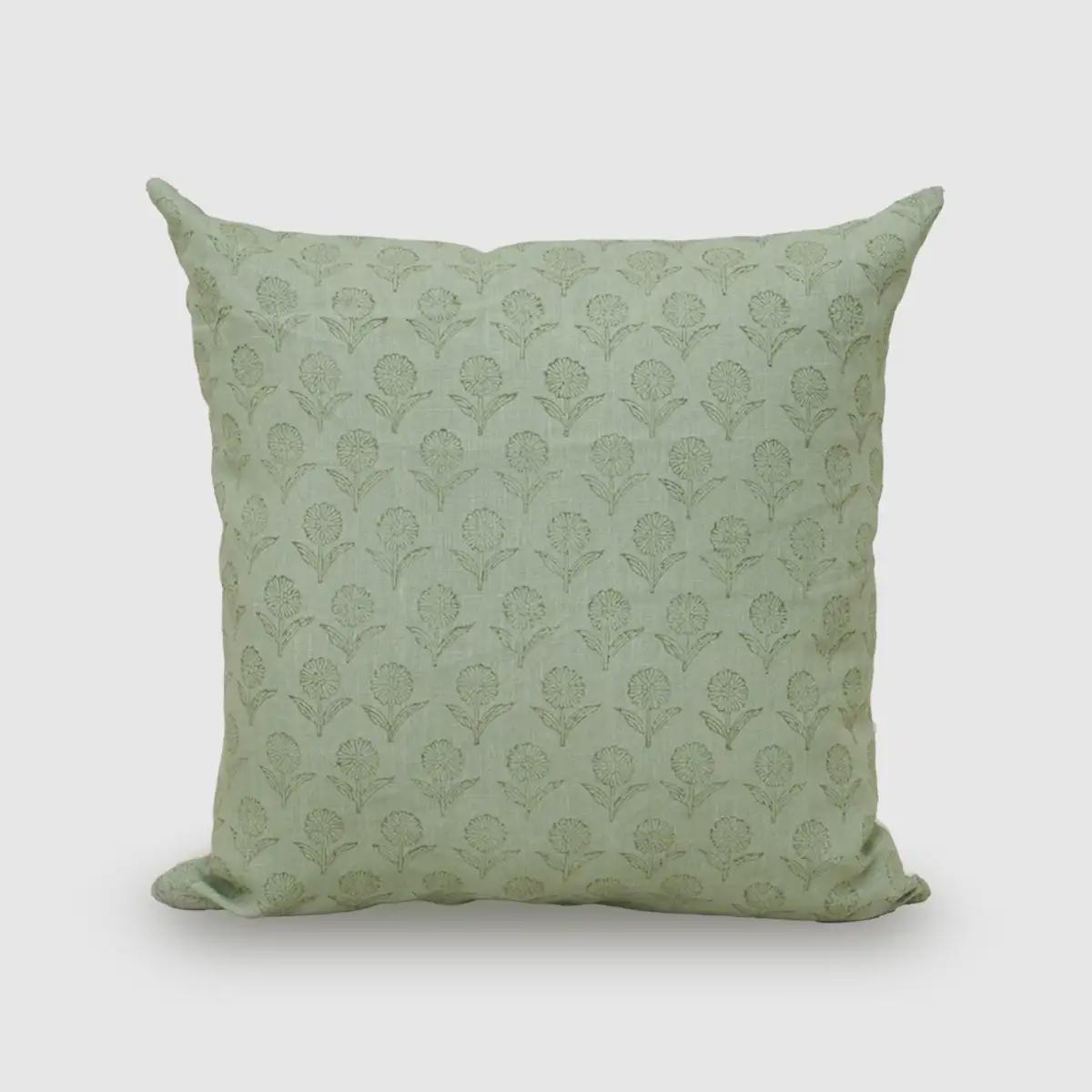 Sage green tonal floral buti hand block print linen pillow cover, front view