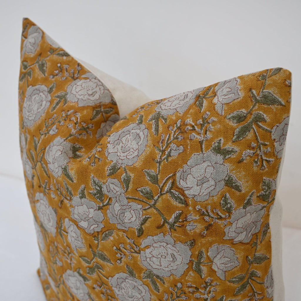 Madelyn Mustard Linen Block Print Pillow Cover