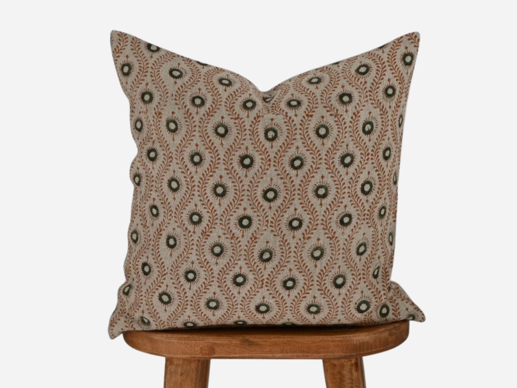 Rust and olive paisley ogee hand block print linen pillow cover, front view