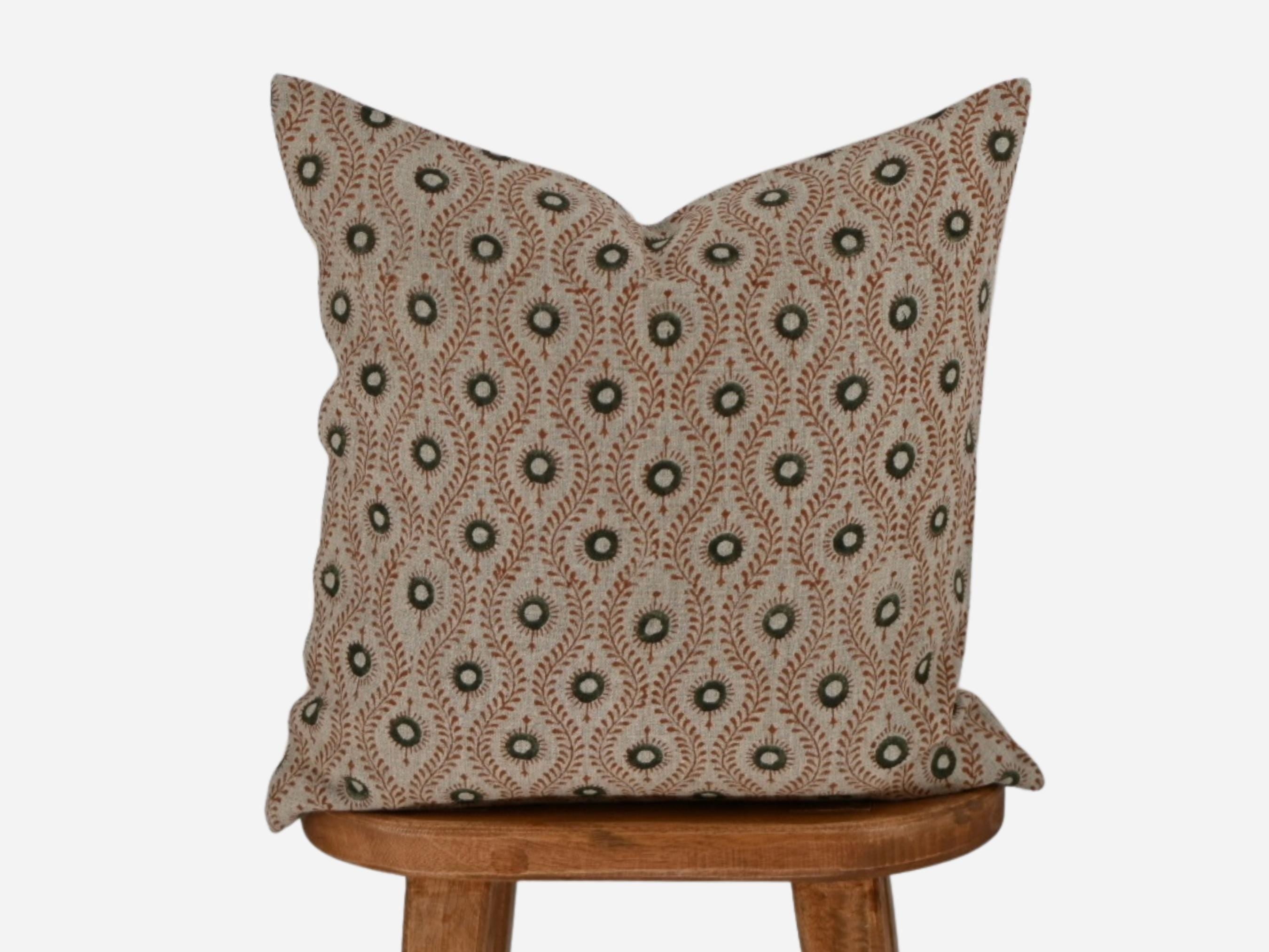 Rust and olive paisley ogee hand block print linen pillow cover, front view