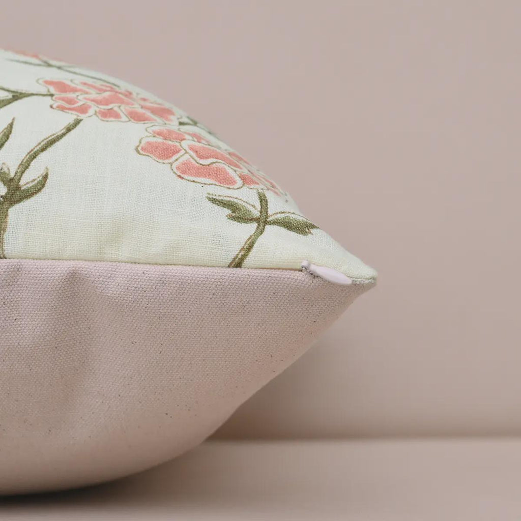Blush pink floral linen cushion cover corner and zipper detail