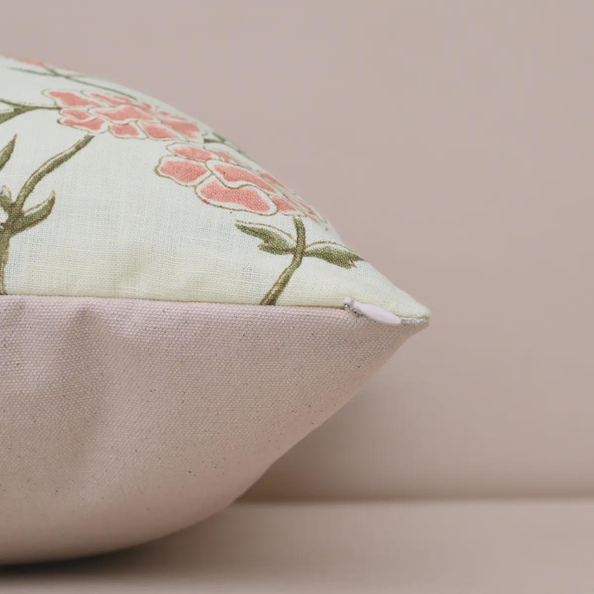 Blush pink floral linen cushion cover corner and zipper detail