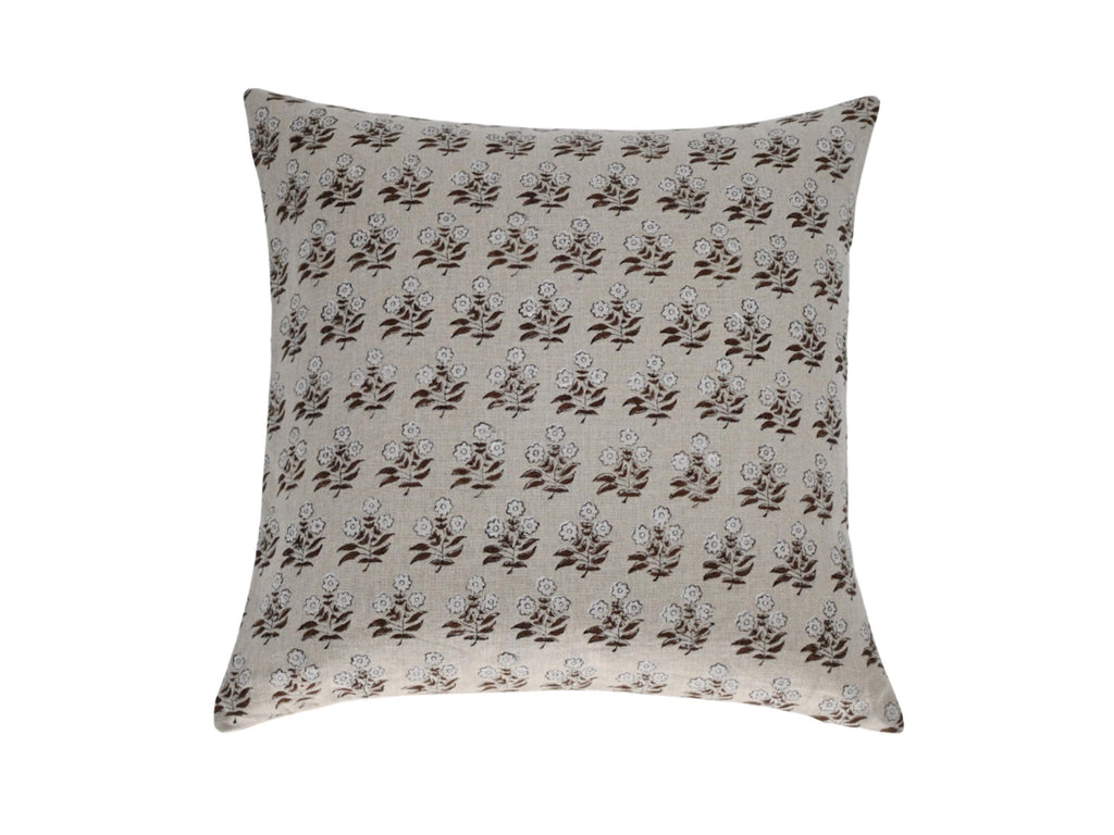 Brown ditsy floral hand block print linen pillow cover, front view