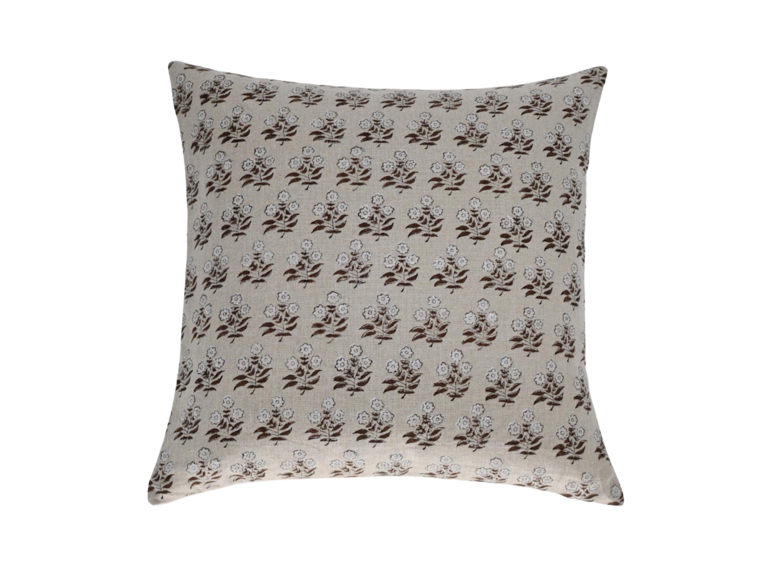 Brown ditsy floral hand block print linen pillow cover, front view