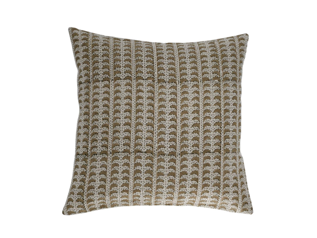 Tan scalloped stripe hand block print linen pillow cover, front view