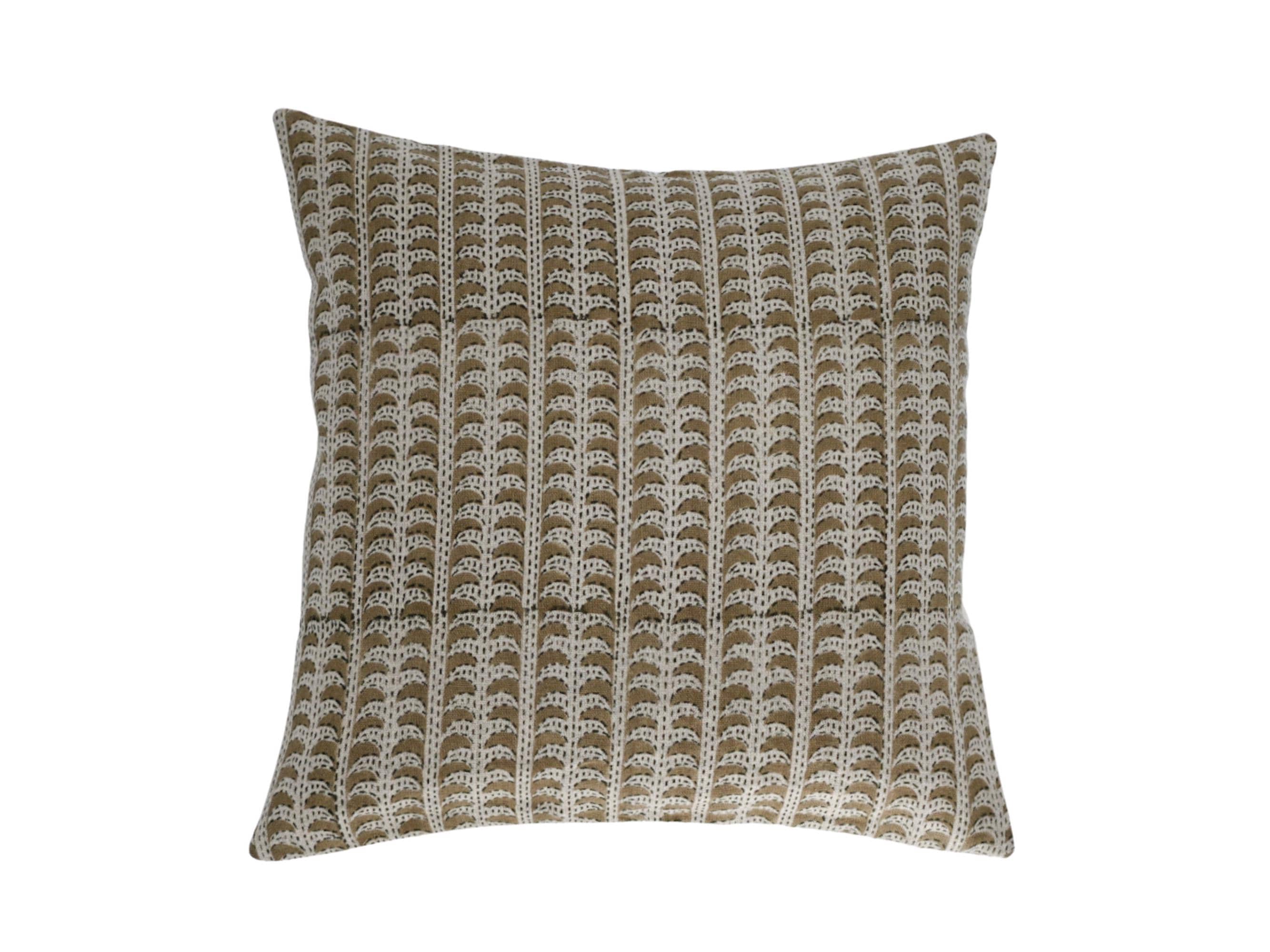 Tan scalloped stripe hand block print linen pillow cover, front view