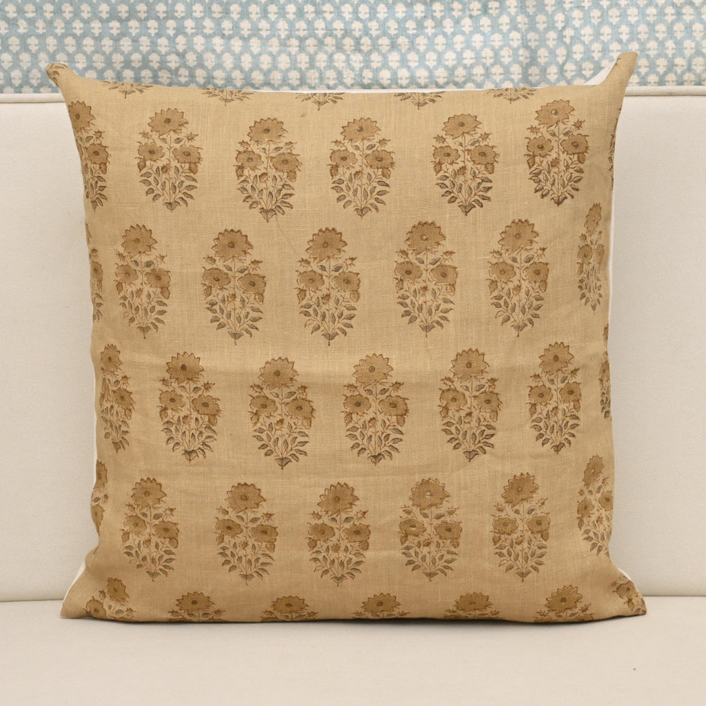 Camel linen pillow cover with hand block printed tawny brown floral buti bouquet, front view